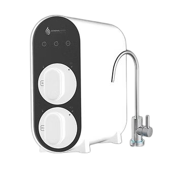 A four-stage water filtration system and a black storage tank installed inside a kitchen cabinet under a sink.