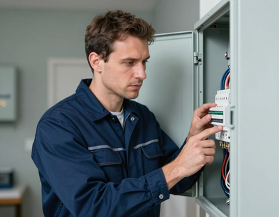 Licensed electrician inspecting a residential electrical panel
