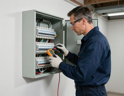 Electrician inspecting a residential electrical panel