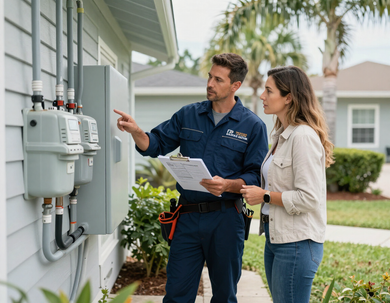 Electrician consulting with a homeowner in Jupiter, FL