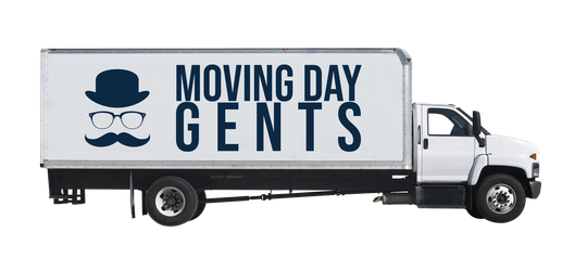 A moving day gents truck with a hat , glasses and mustache on it.