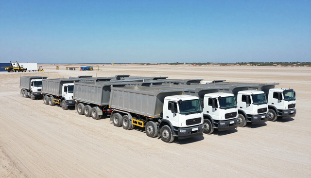Equipo de volquetes en base operativa para coordinación de servicios.