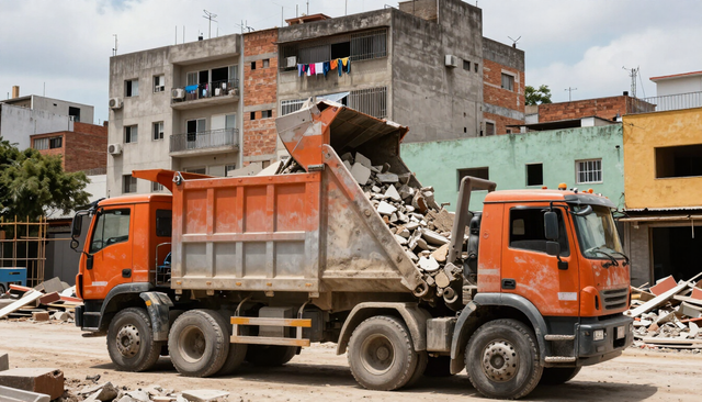 Camión volquete descargando escombros en una obra.