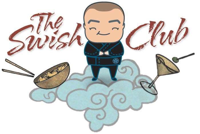 a cartoon of a man standing on a cloud next to a bowl of food and a martini glass .