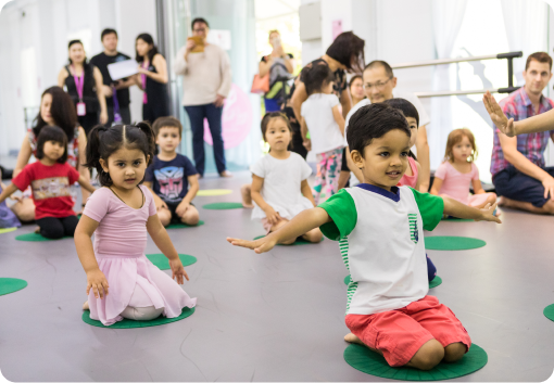 A group of children are sitting on the floor in a dance studio.