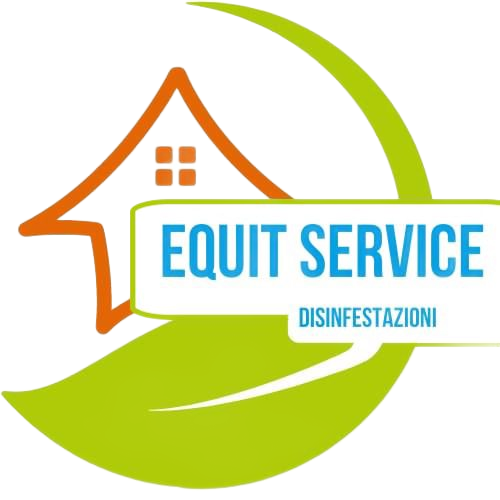 Logo di Equit Service Disinfestazioni con casa arancione, striscia verde e testo blu.