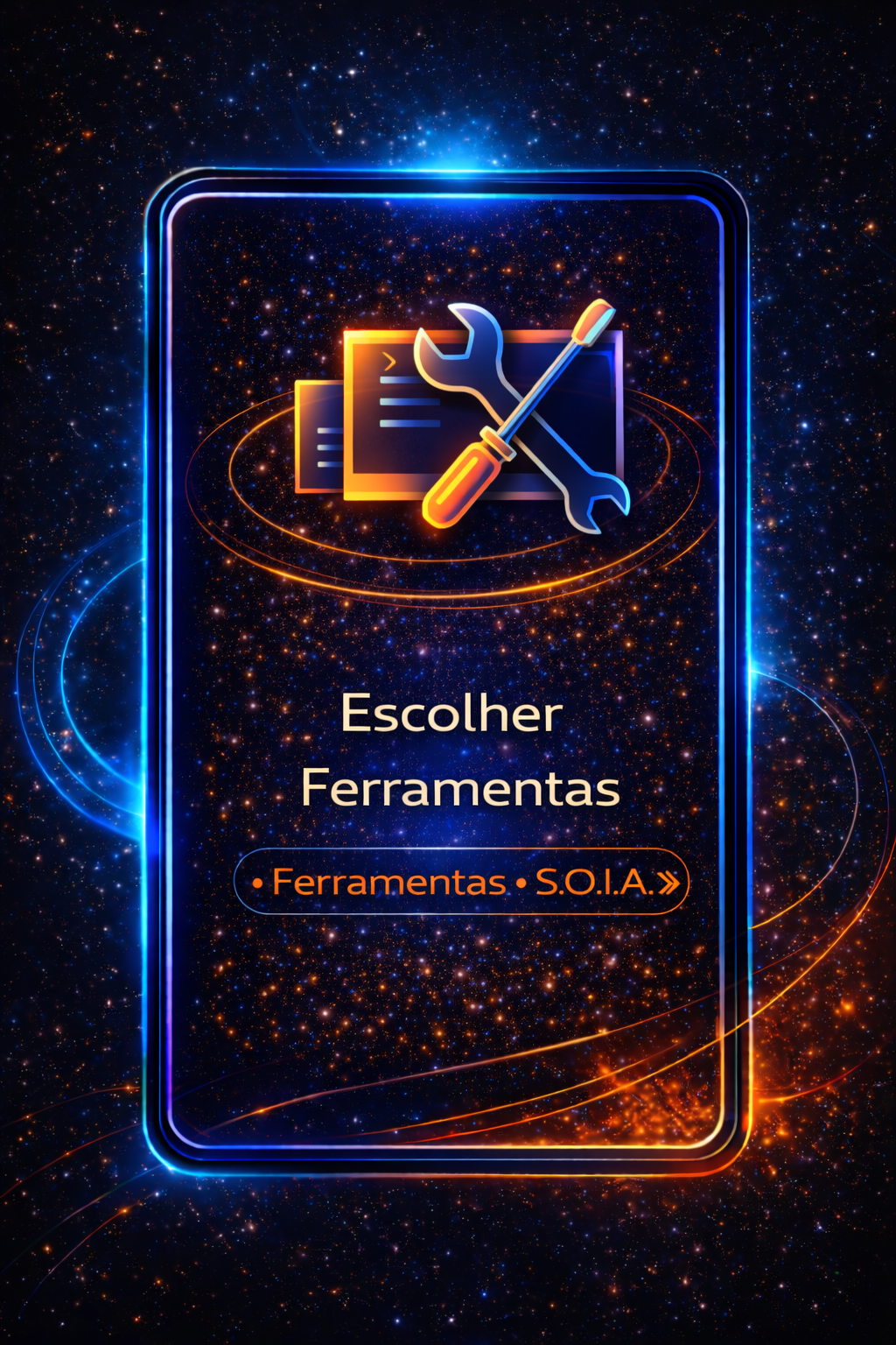 Tela de aplicativo com fundo espacial, ícone de ferramentas neon e texto “Escolher Ferramentas”.