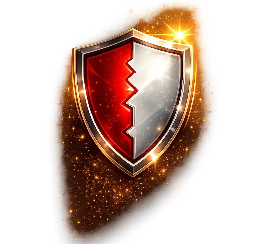 Emblema de escudo vermelho e prateado com brilho dourado sobre fundo branco.