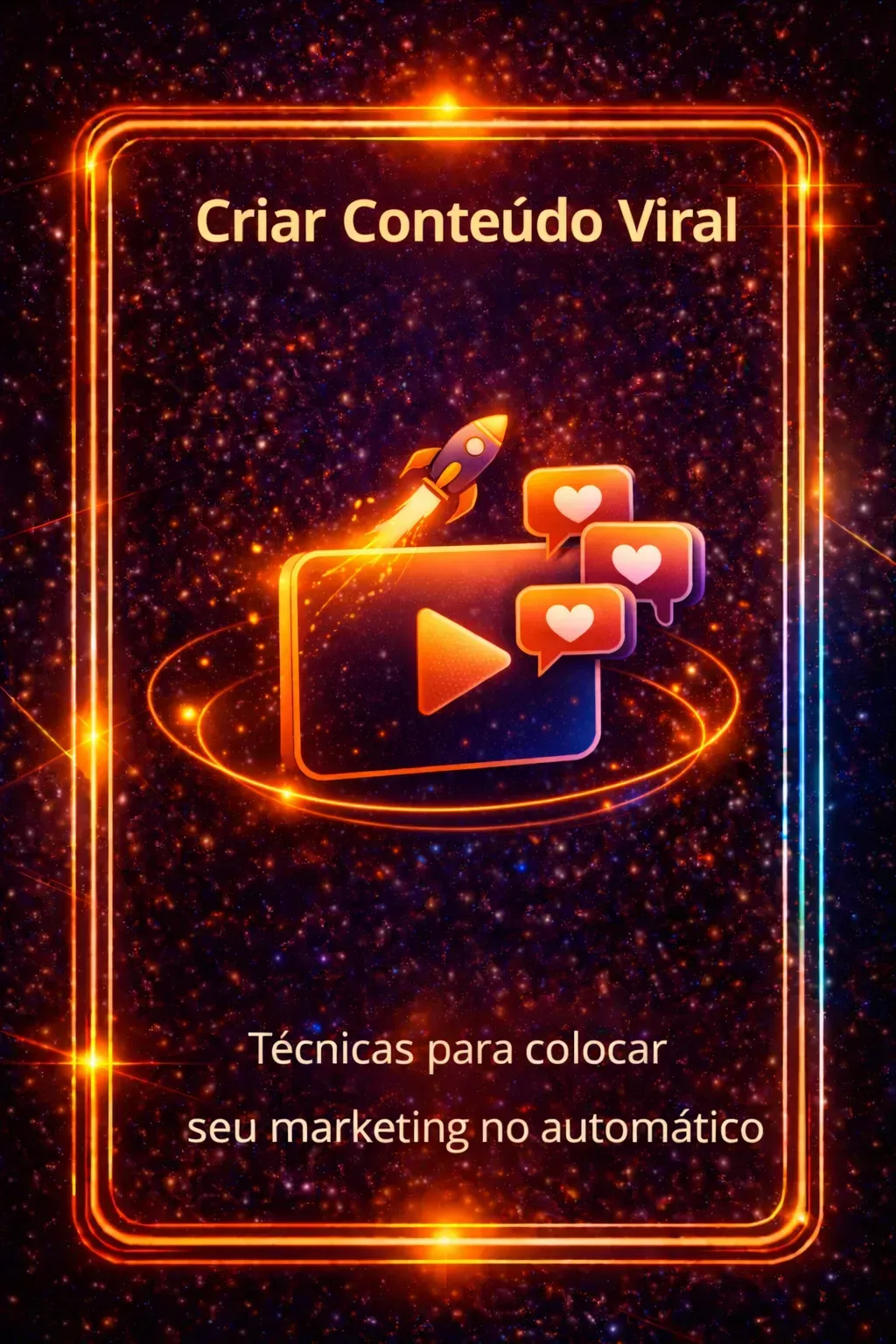 Cartaz neon com ícone de vídeo e curtidas, texto “Criar Conteúdo Viral” e “marketing no automático”