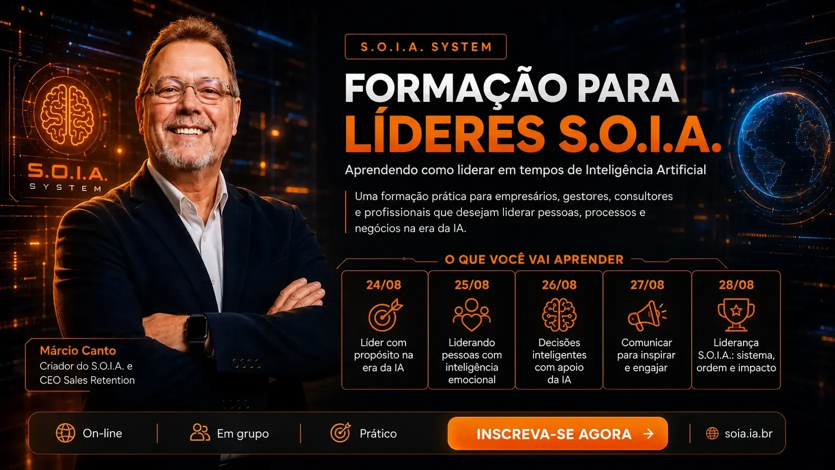 Logotipo em forma de escudo preto e dourado com um cérebro estilizado e o texto “SOIA”.