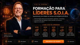 Logotipo em forma de escudo preto e dourado com um cérebro estilizado e o texto “SOIA”.