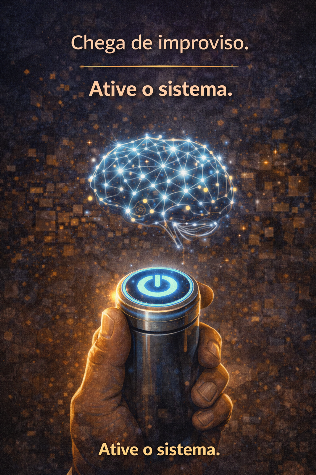 Mão aciona botão de energia azul; cérebro digital acima e texto “Chega de improviso. Ative o sistema.”