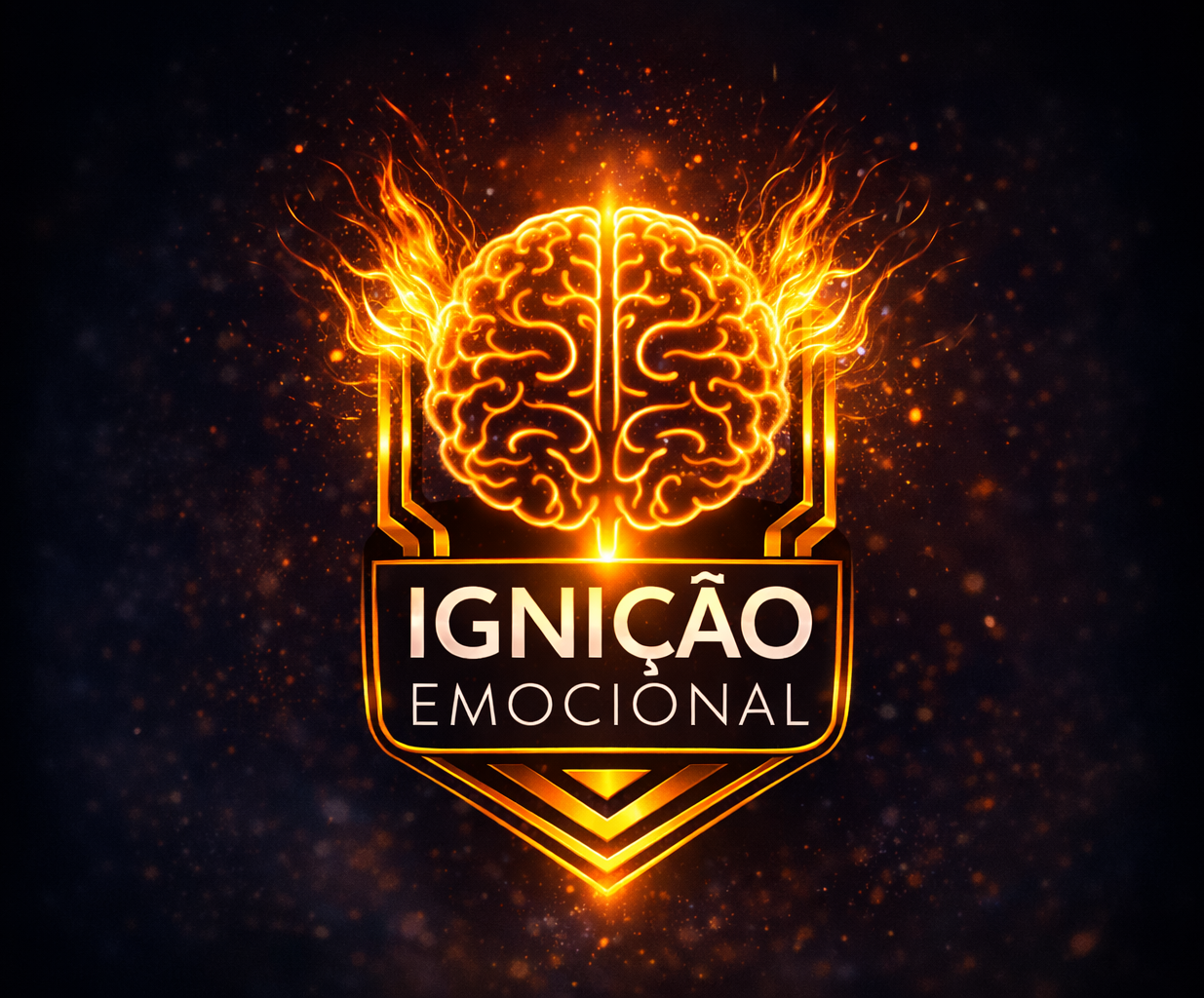 Logo com cérebro em chamas e texto “Ignição Emocional” em laranja sobre fundo preto.