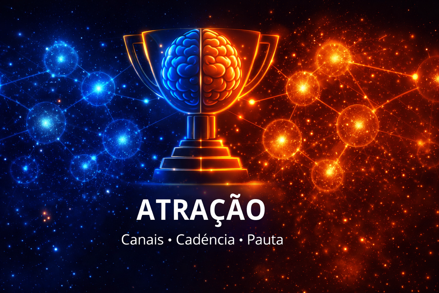 Troféu ao centro entre esferas azuis e laranjas, com o texto “ATRAÇÃO” e “Canais · Cadência · Pauta”.