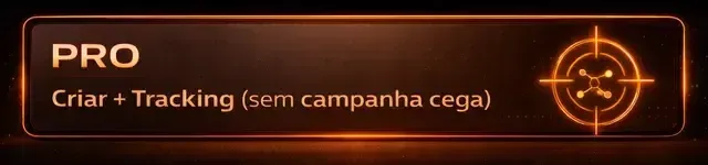 Black and orange PRO banner with target icon and text “Criar + Tracking (sem campanha cega)”
