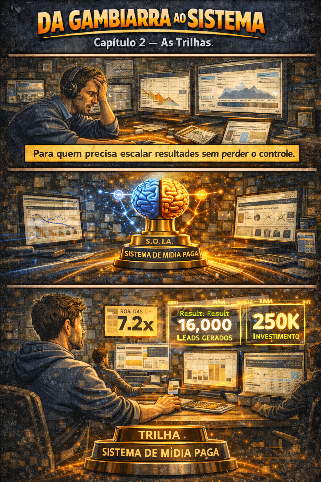 Infográfico em tons dourados sobre escalar resultados com tráfego pago, métricas e funil digital.