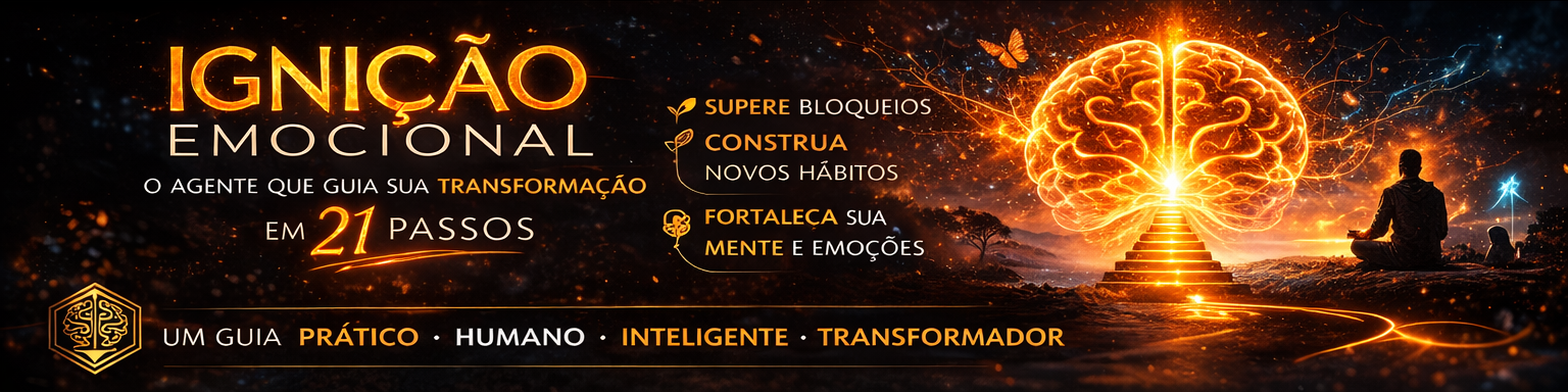 Banner promocional para “Ignição Emocional 2.0” com cérebro brilhante, céu estrelado laranja e pessoa sentada.