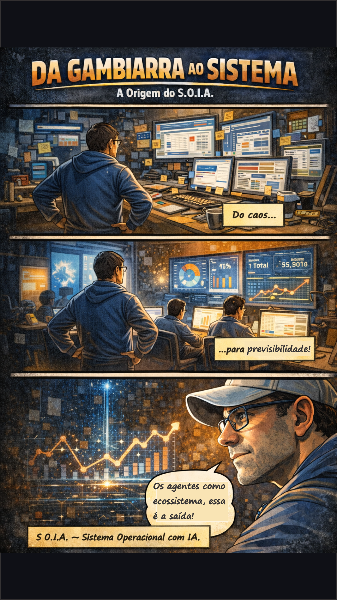 Um soldado em uma sala de comando iluminada em azul monitora várias telas que exibem gráficos e mapas do campo de batalha.