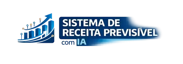 Logo azul de “Sistema de Receita Previsível com IA” com gráfico ascendente e ícone de IA.