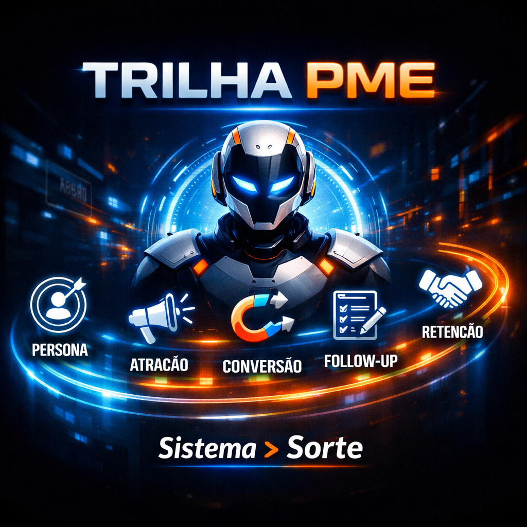 Trilha PME com robô central e etapas Persona, Atração, Conversão, Follow-up e Retenção em fundo azul