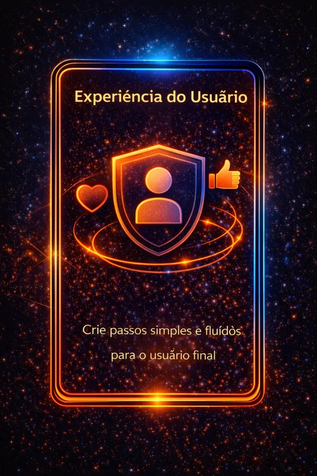 Tela temática de experiência do usuário em laranja neon, com ícones de perfil, coração e curtir