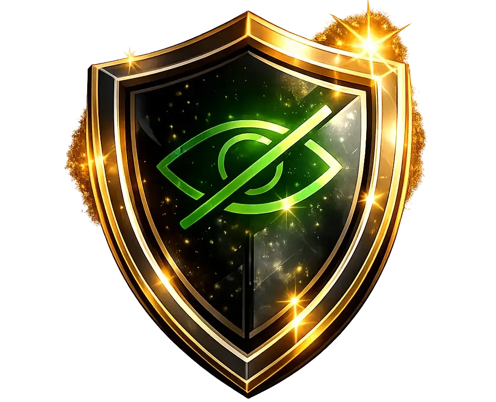 Escudo dourado com um ícone de olho riscado verde e brilhos cintilantes sobre um fundo branco.