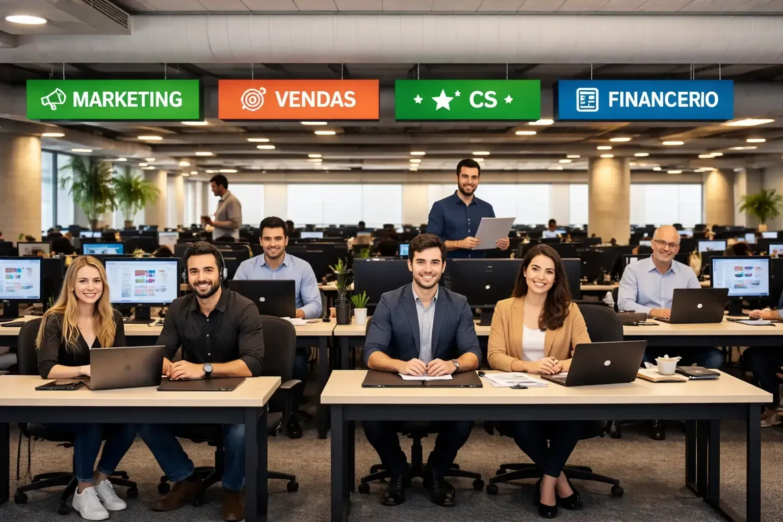 Equipe em mesas num escritório com placas de identificação por cores para cada departamento: Marketing, Vendas, Atendimento ao Cliente e Finanças.