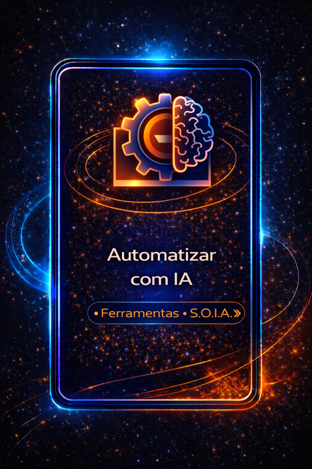 Tela com ícone de IA e engrenagem brilhando; texto “Automatizar com IA” sobre fundo escuro estrelado.