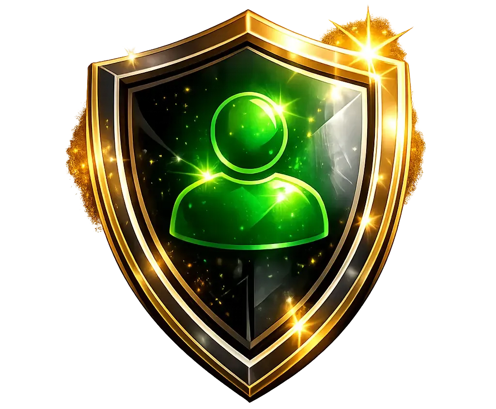 Escudo preto com borda dourada, ícone de usuário verde brilhante e efeito cintilante.