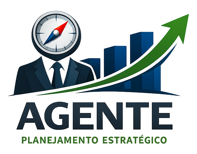 Logo da AGENTE Planejamento Estratégico com figura de executivo, bússola e gráfico de crescimento em azul e verde
