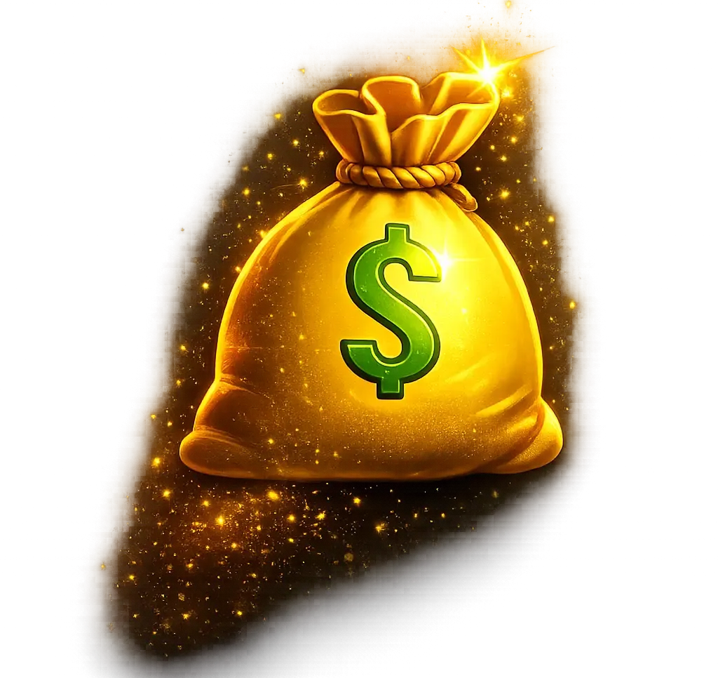 Saco de dinheiro dourado com símbolo de dólar verde e brilho cintilante