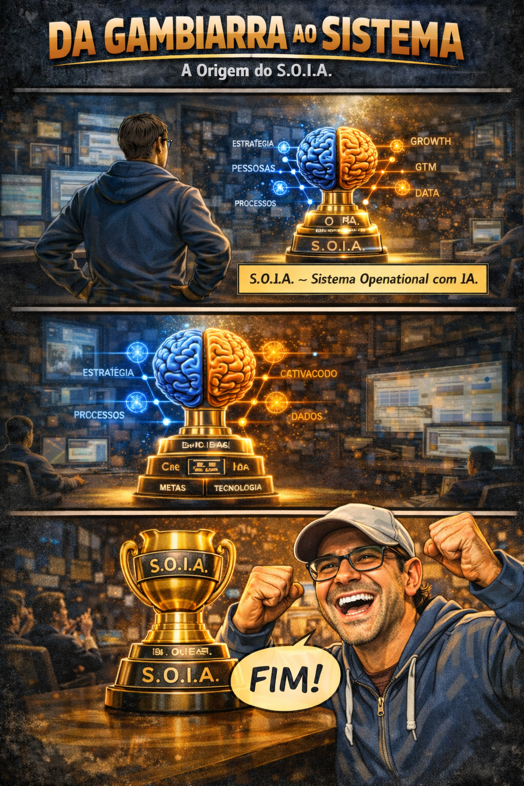 Arte de três painéis: de “gambiarra” a sistema, com homem diante de tela, cérebro amarelo/azul e selo “Fim”