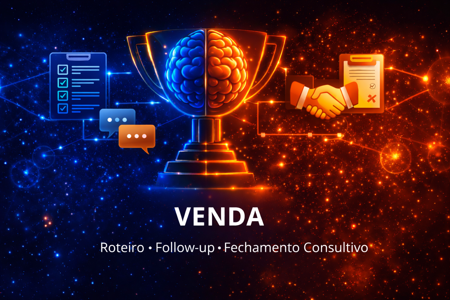 VENDA trophy graphic with blue and orange icons and the text “Roteiro + Follow-up + Fechamento Consultivo”