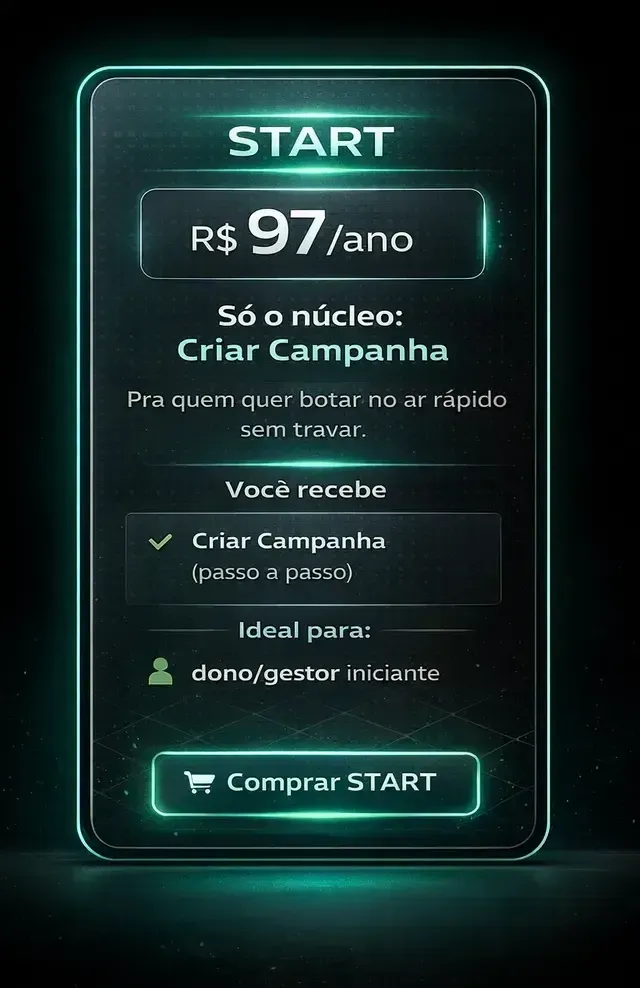 Promoção em painel neon verde: plano START por R$97/ano para criar campanha, com botão “Comprar START”.