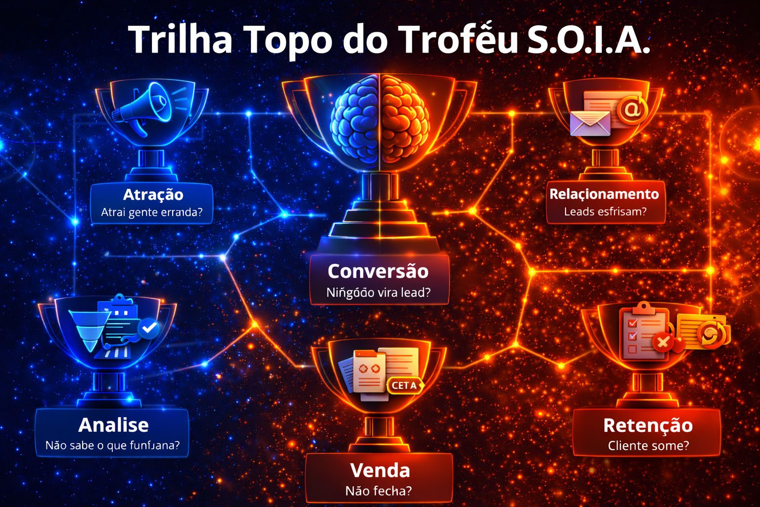 Diagrama neon em português com troféu e etapas da jornada: análise, atração, conversão, venda, retenção e recompensa.