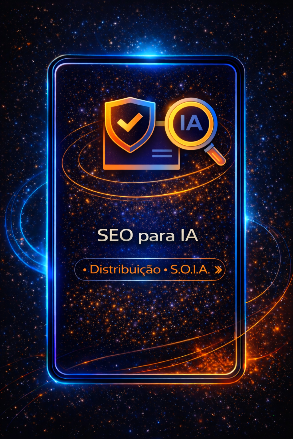 Tela neon com ícones de SEO e IA, texto “SEO para IA” e fundo espacial azul e laranja.