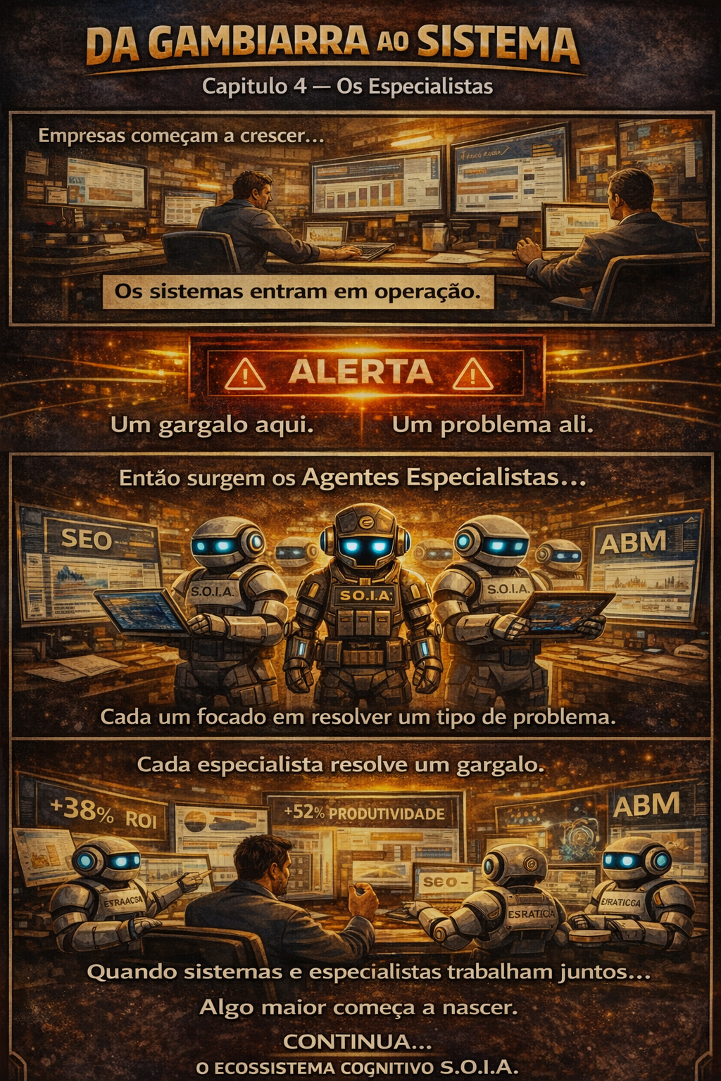 Infográfico laranja sobre “Da gambiarra ao sistema”, com cenas de ASPM e código em português.