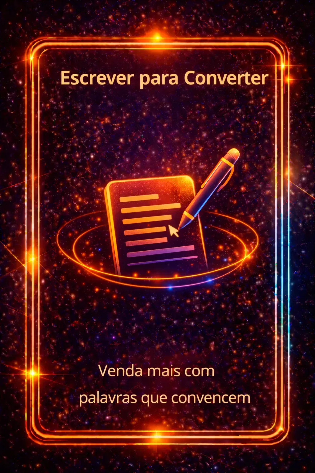 Cartaz em fundo roxo com ícones laranja de texto e caneta: “Escrever para Converter” e “Venda mais com palavras que convencem”.