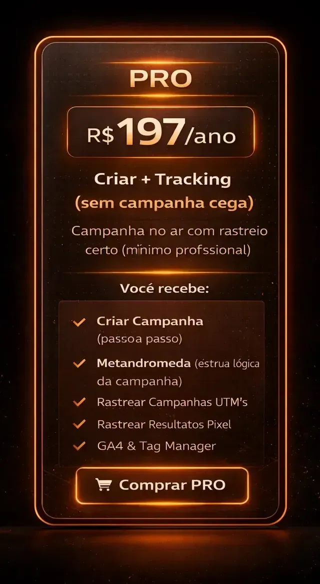 Cartão de plano PRO em fundo preto, texto laranja destacando R$197/ano e botão “Comprar PRO”