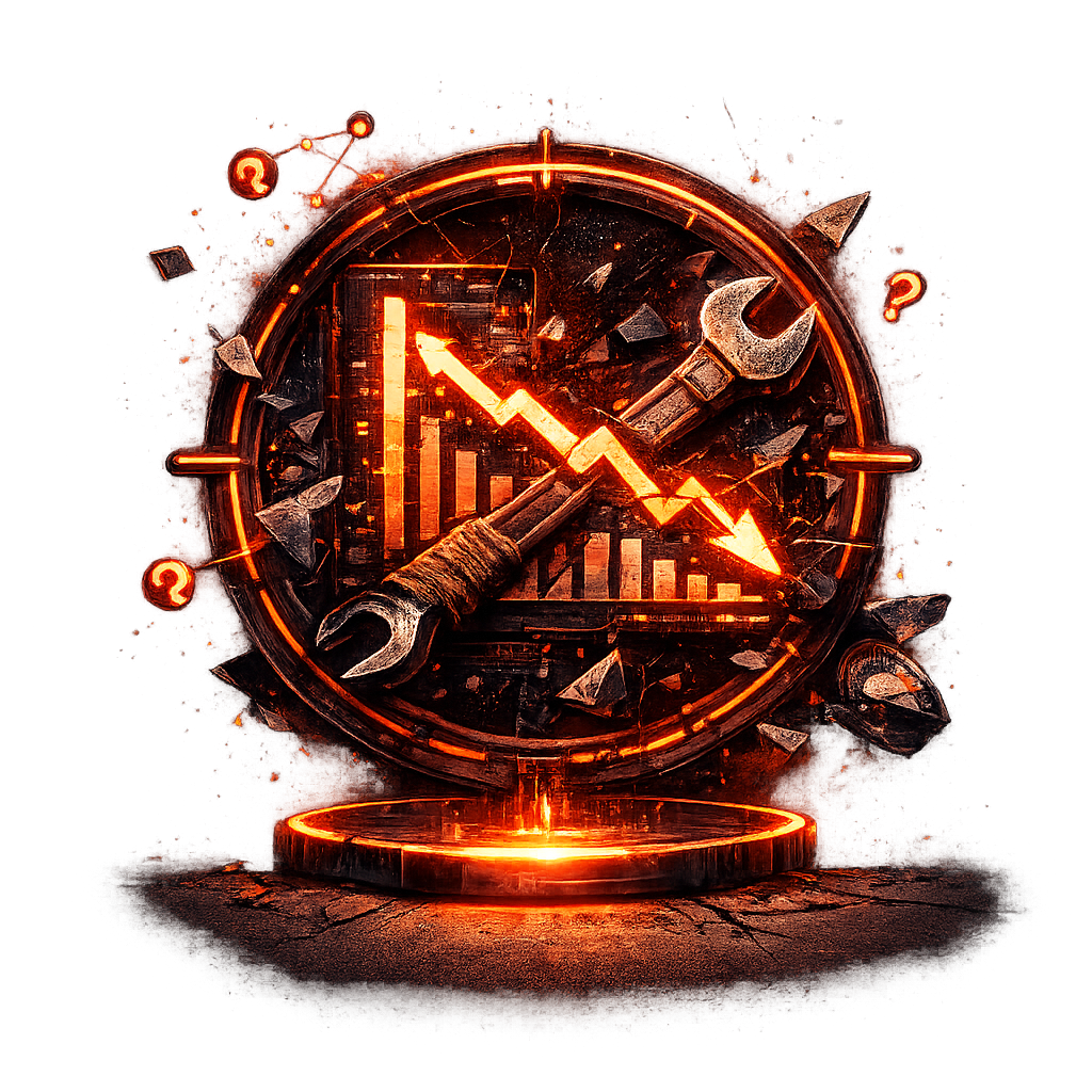 Gráfico laranja brilhante com uma chave inglesa, mostrando uma tendência de queda dentro de um emblema industrial circular.