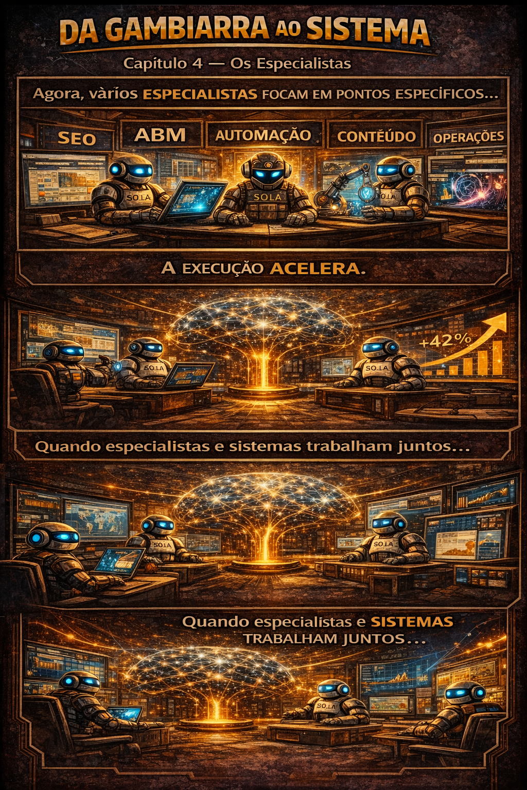 Infográfico português sobre o colapso do sistema educacional, com uma cena escolar iluminada e legendas indicando os estágios de declínio.