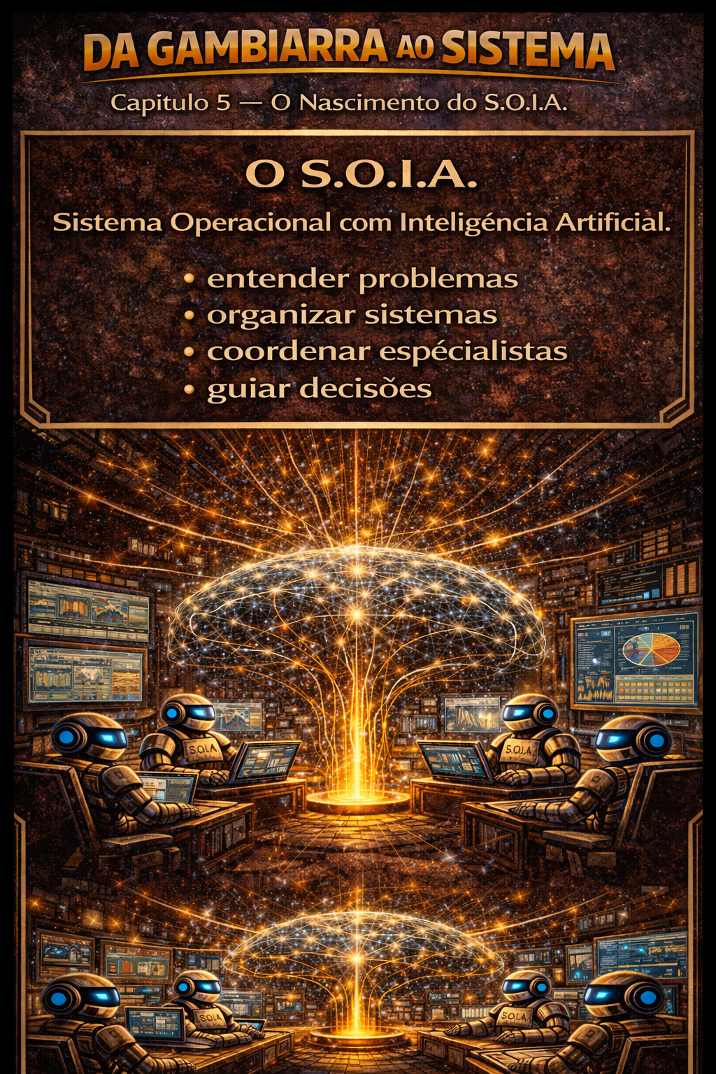 Pôster em português sobre OSOA, com rede de IA laranja brilhante e sala repleta de computadores.