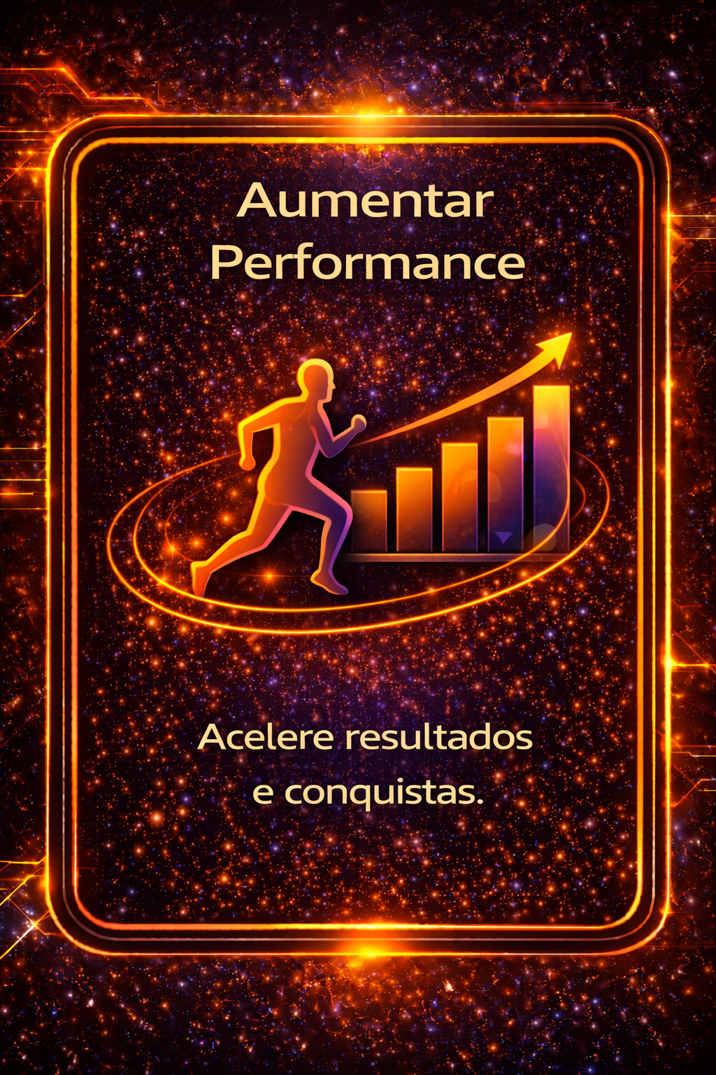 Texto promocional “Aumentar Performance” com corredor e gráfico ascendente em tons laranja sobre fundo escuro.