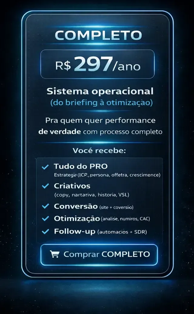 Plano “Completo” em azul neon, R$297/ano, com lista de recursos e botão “Comprar COMPLETO”.