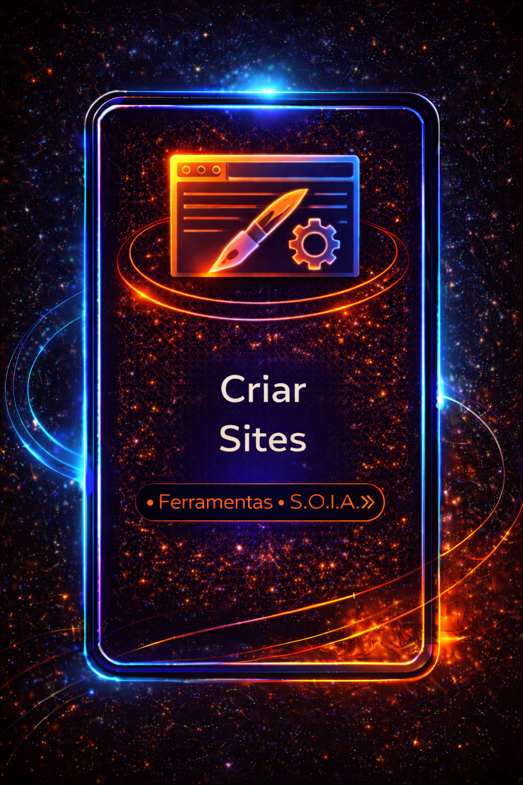 Ícone de smartphone em neon com o texto “Criar Sites” sobre um fundo abstrato escuro e brilhante.