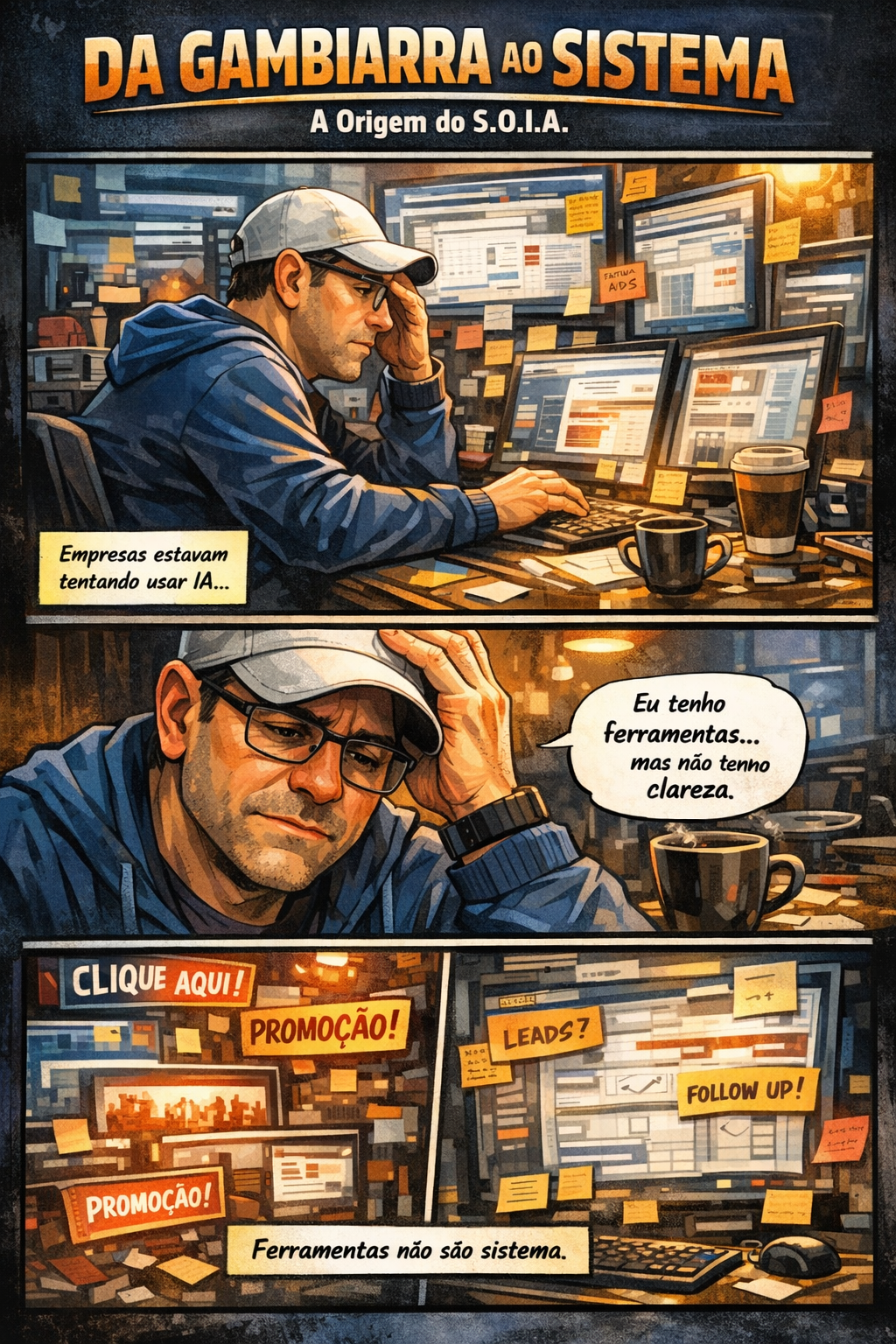 Homem de boné em mesa cheia de telas, com quadrinhos e textos sobre software, em estilo de cartoon.