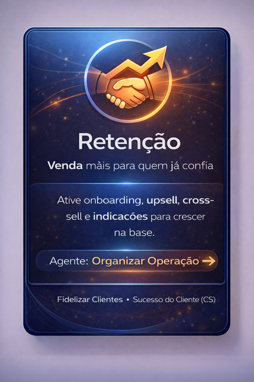 Cartaz azul sobre retenção, com aperto de mãos e seta ascendente; texto em português e botão “Organizar Operação”.