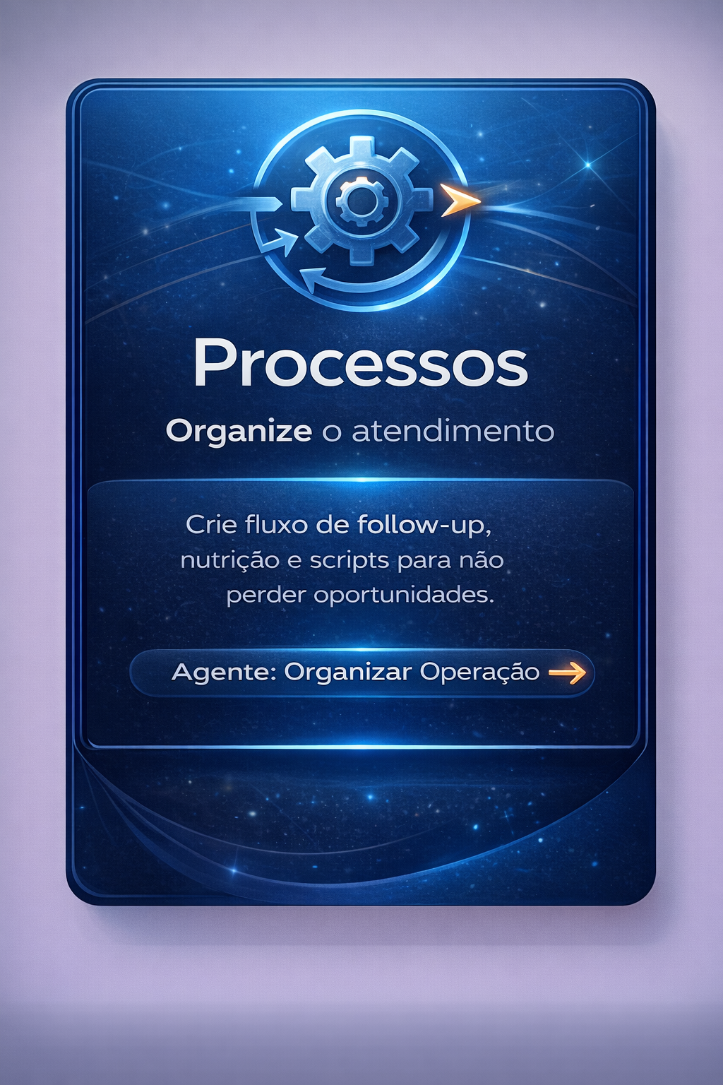 Cartaz azul com ícone de engrenagem e texto “Processos” sobre organização de atendimento e fluxo de trabalho.
