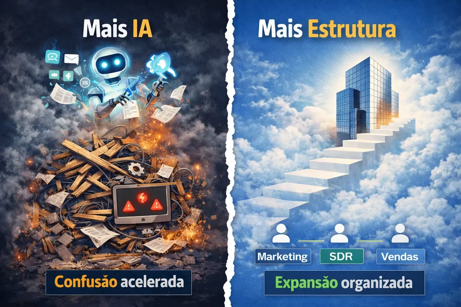 Comparação em dois painéis: “Mais IA” com caos e “Confusão acelerada”; “Mais Estrutura” com escada e “Expansão organizada”.