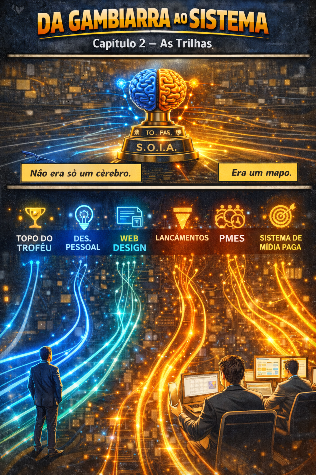 Rodovias de dados neon turbulentas divididas entre azul e laranja, com um grande troféu dourado e uma figura solitária abaixo.